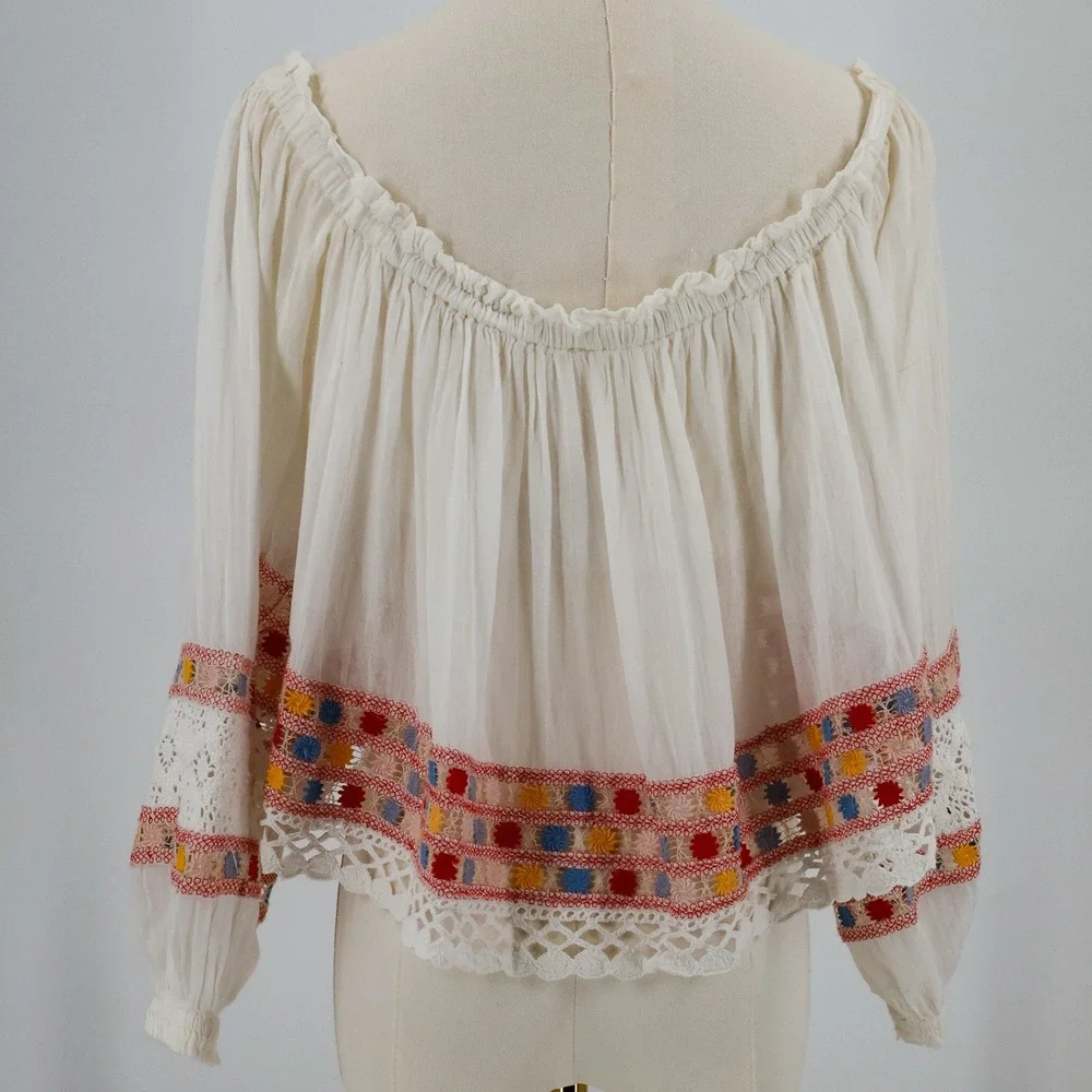 Free People Peasant Top Womens Embroidered Boho Crop Small Ivory India